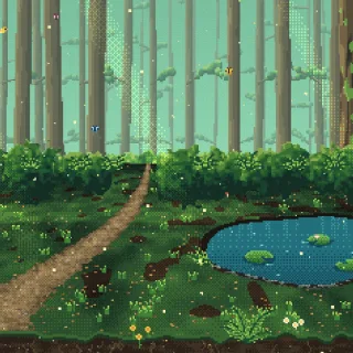 Noillirk pixel-art forest beside a sunlit pond